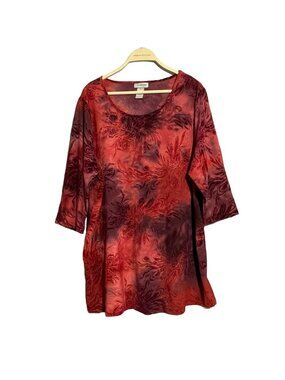 Catherines Blouse Top Women 0X Red Velvet Burgundy Flower Retro Burnt Textured